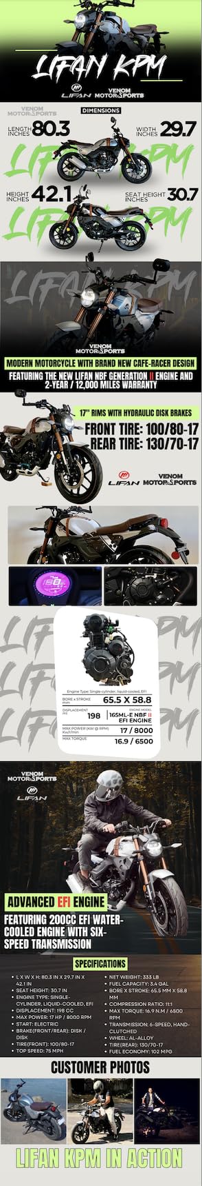 Lifan KPM 200 Blue Adult Motorcycle Cafe Racer 200cc Gas Street Motorcycle Electric Fuel Injection 17HP 6 Speed made by Lifan