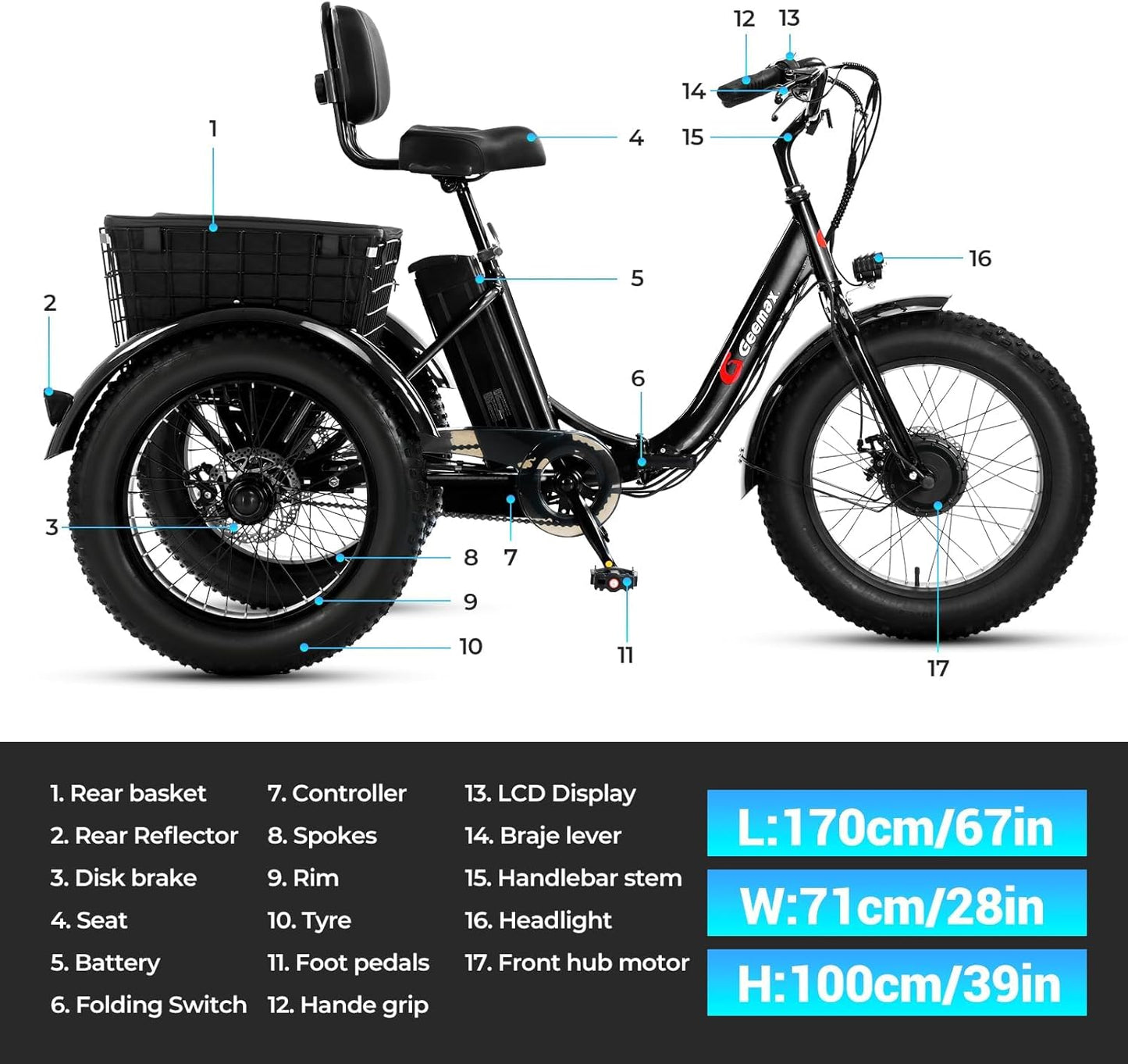 Geemax Electric Tricycle for Adults, 20" x 4.0 Fat Tire Electric Trike, Peak 500W 20MPH 36V 13Ah Lithium Battery UL Certified, Premium 80% Assembled Foldable 3 Wheel Electric Bicycle, Black