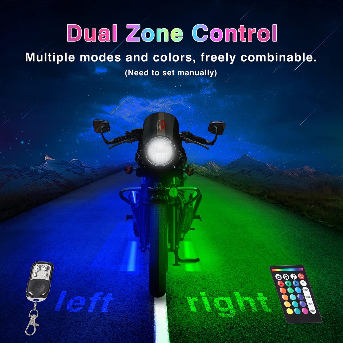 16PCS Brights Motorcycle RGB LED Light Kits with Brake Turn Signal,Underglow Lights with APP/RF Remote Dual Zone,Multicolor Waterproof 12V Neon Accent Strip Lights for Harley Honda Yamaha