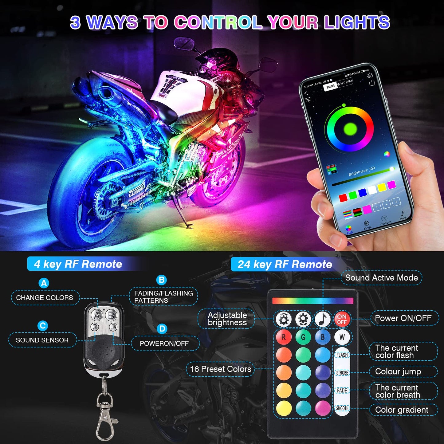 16PCS Brights Motorcycle RGB LED Light Kits with Brake Turn Signal,Underglow Lights with APP/RF Remote Dual Zone,Multicolor Waterproof 12V Neon Accent Strip Lights for Harley Honda Yamaha