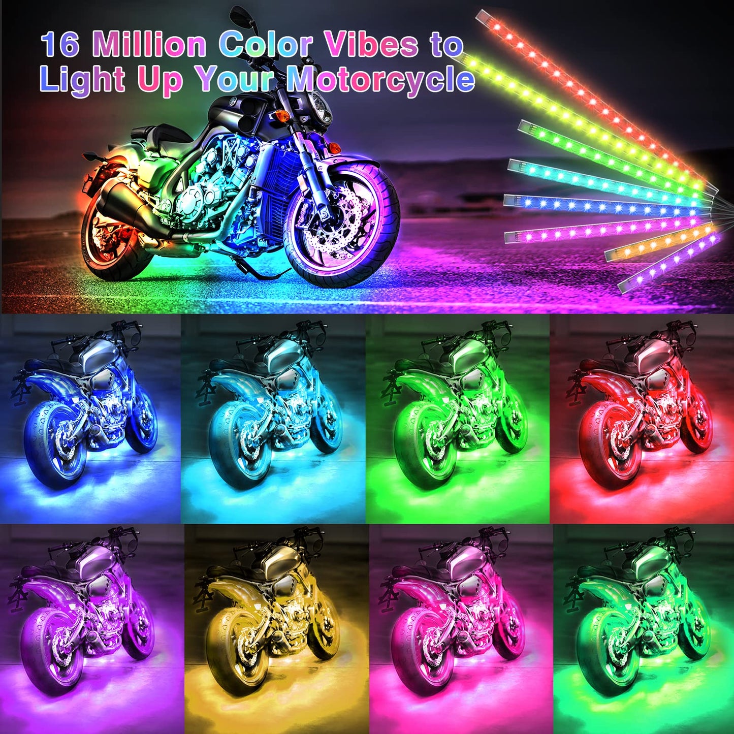 16PCS Brights Motorcycle RGB LED Light Kits with Brake Turn Signal,Underglow Lights with APP/RF Remote Dual Zone,Multicolor Waterproof 12V Neon Accent Strip Lights for Harley Honda Yamaha