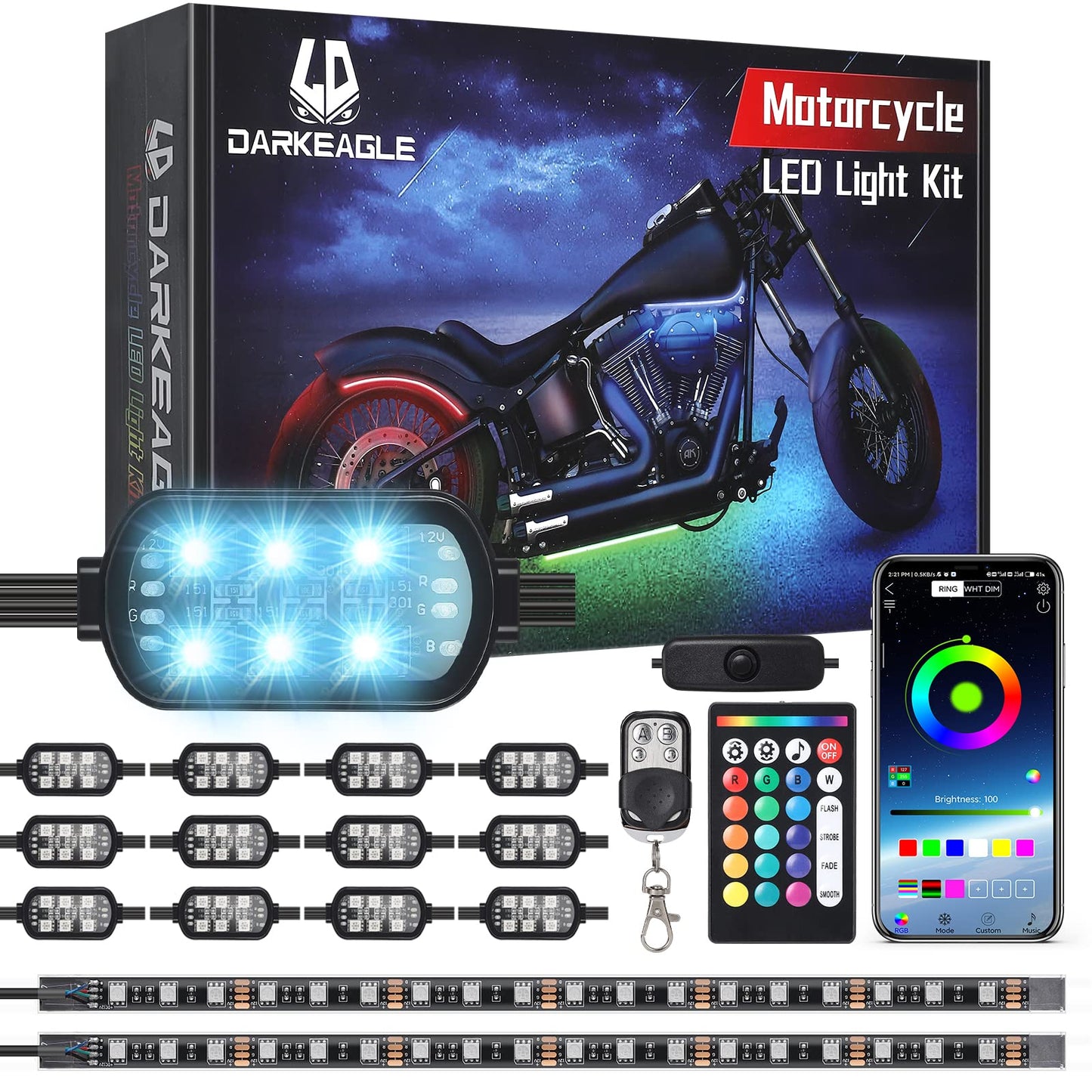 16PCS Brights Motorcycle RGB LED Light Kits with Brake Turn Signal,Underglow Lights with APP/RF Remote Dual Zone,Multicolor Waterproof 12V Neon Accent Strip Lights for Harley Honda Yamaha